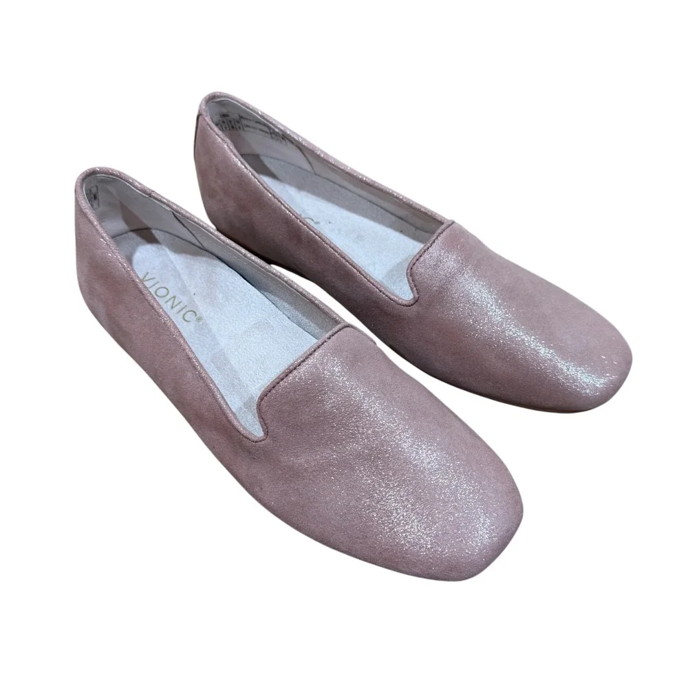 Vionic Vio Motion Coral Pink Shimmer Leather Slip On Flats Loafers 8.5 Comfort